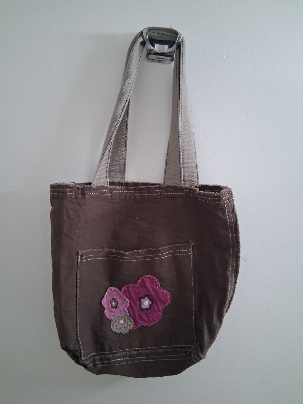 thirty-one Brown Canvas Tote with Pink Floral Appliqué Y2k